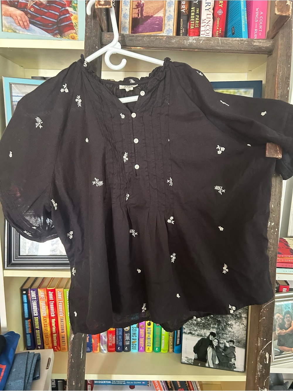 a.n.a Black Peasant Blouse with White Floral Embroidery